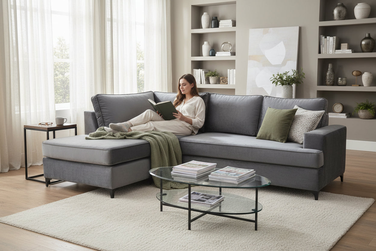 Nu Dekor - 3 Seater L-Shape Velvet Couch – Homestylez