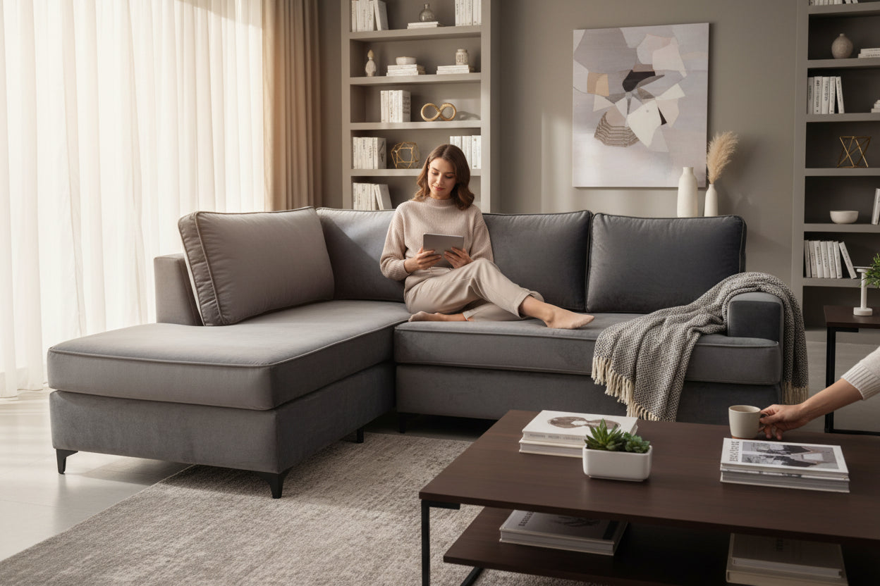 Nu Dekor - 3 Seater L-Shape Velvet Couch