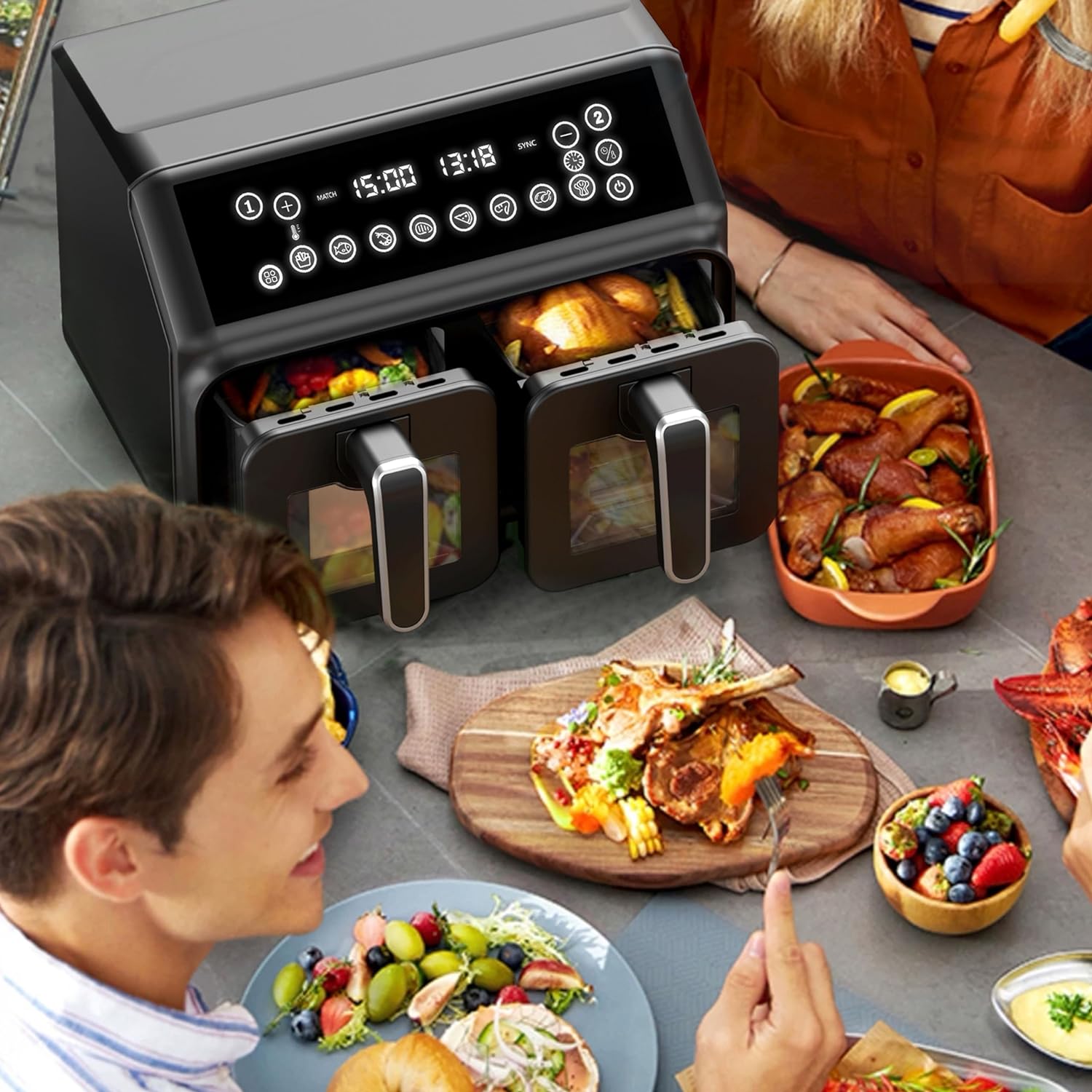 RAF - Digital 9L Dual Window Air Fryer + 2 FREE Silicone Liners