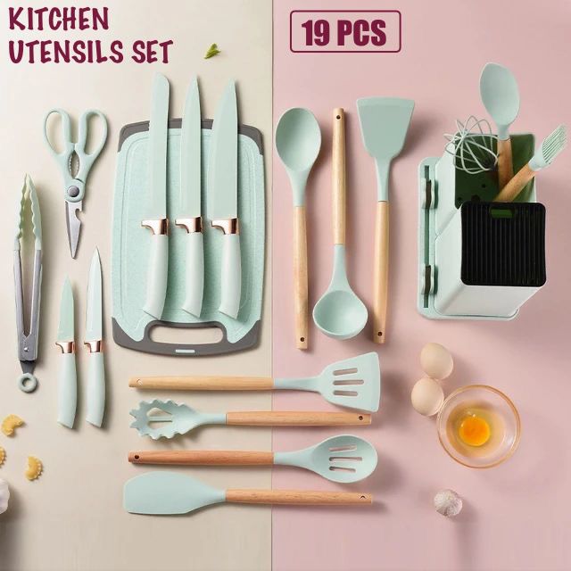 HomePro - 19 Piece Silicone Cookware Utensil Set with Chopping Board