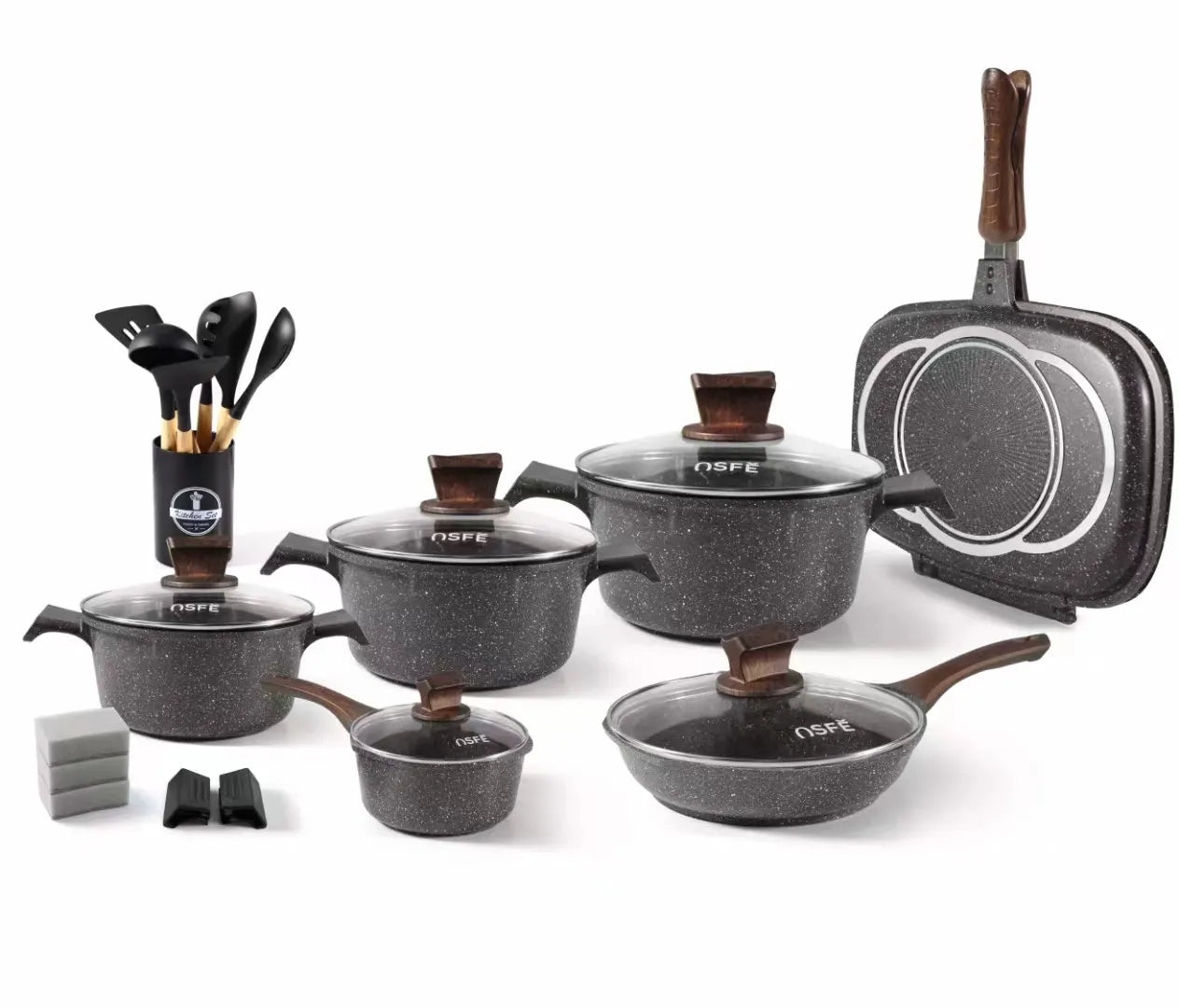 Oviass - 23 Piece Granite Professional Cookware With Utensil Set