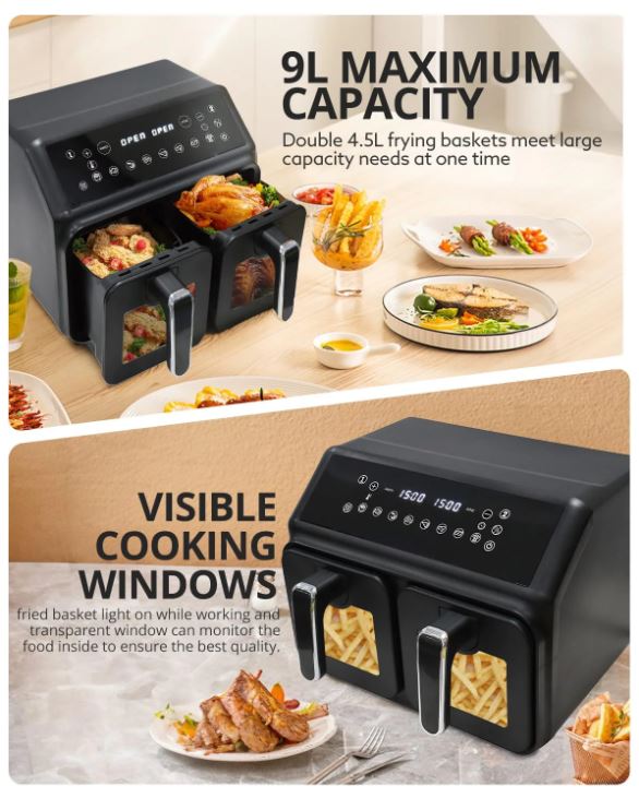 RAF - Digital 9L Dual Window Air Fryer + 2 FREE Silicone Liners