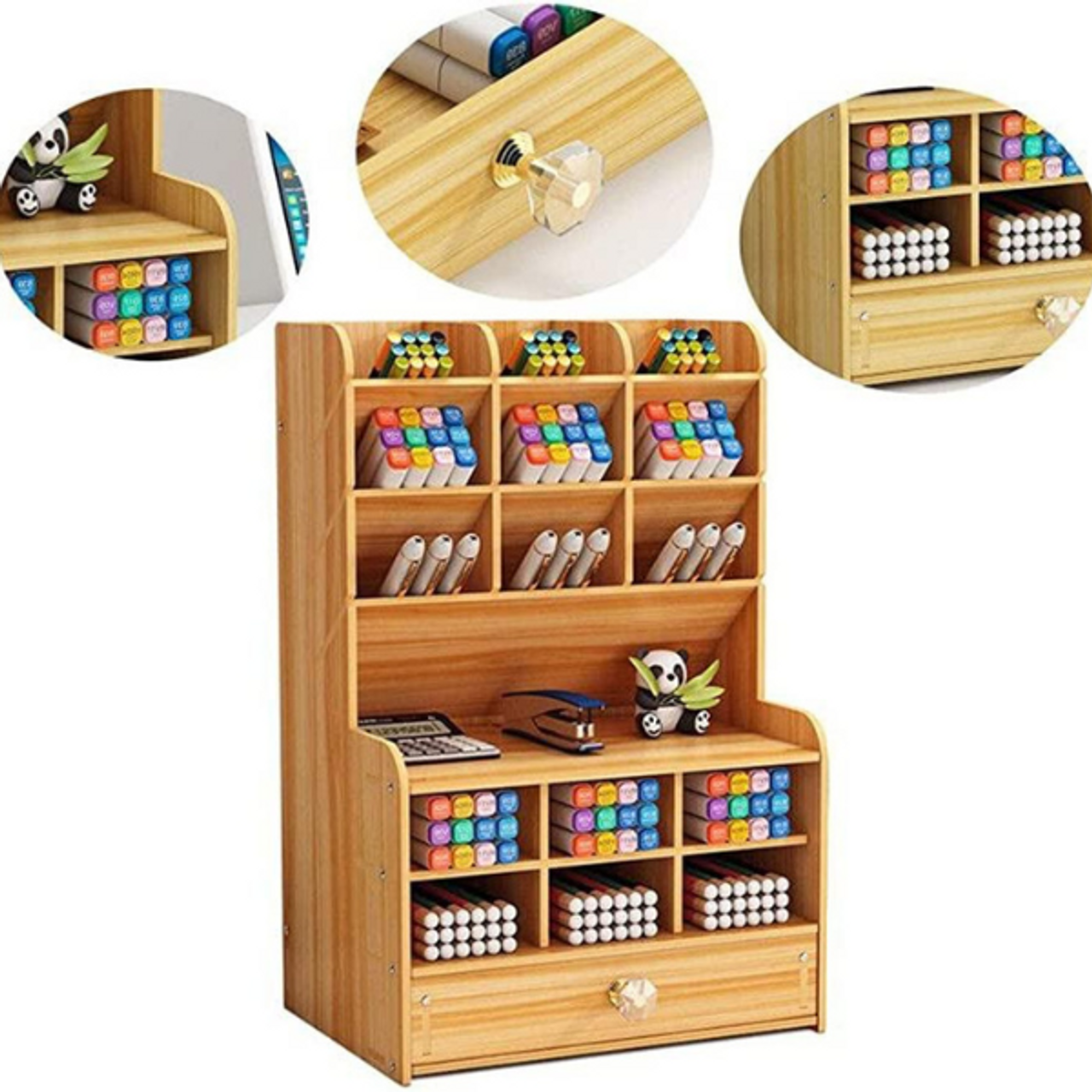 Wooden Desktop Stationery Organizer With 17 Compartments - Brown