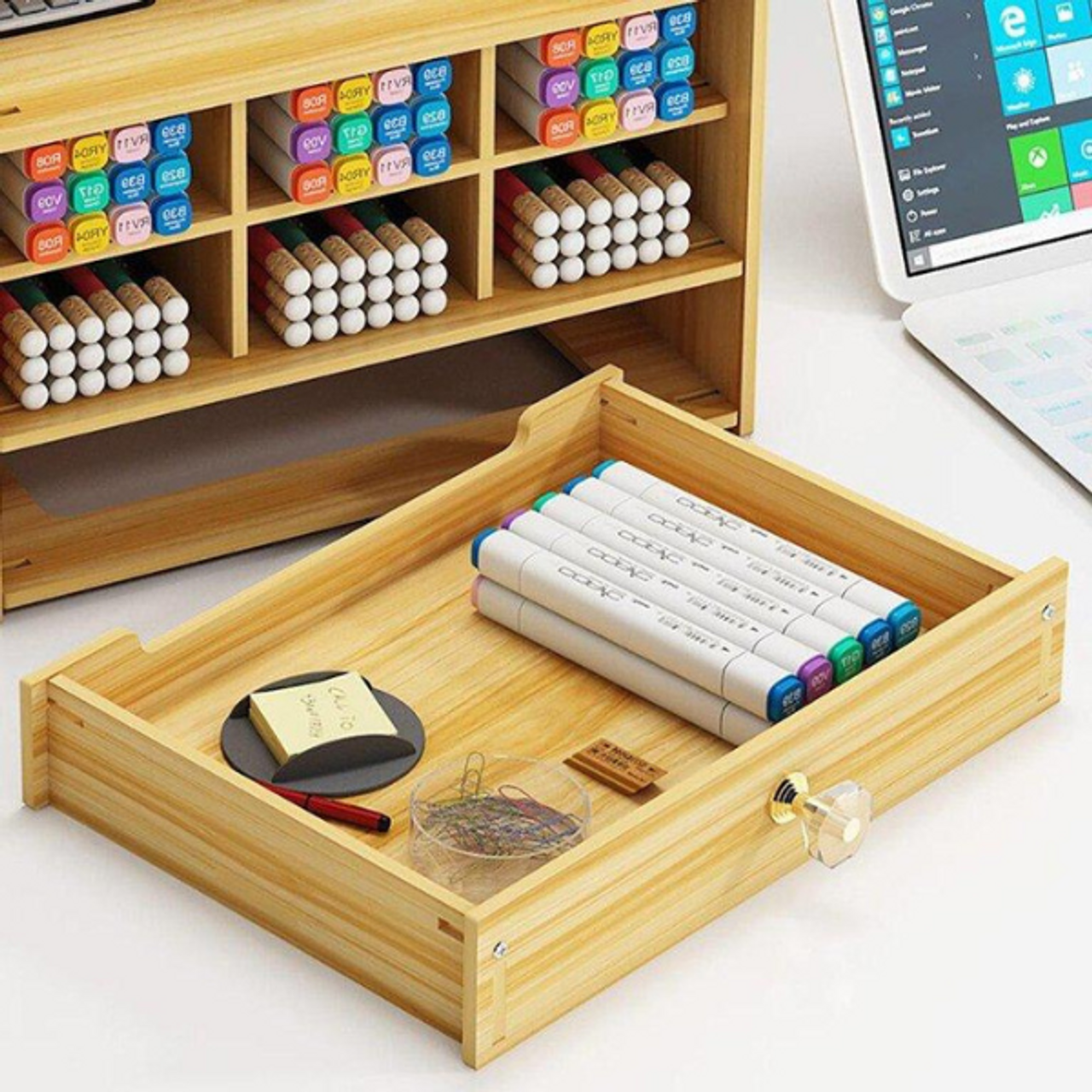 Wooden Desktop Stationery Organizer With 17 Compartments - Brown