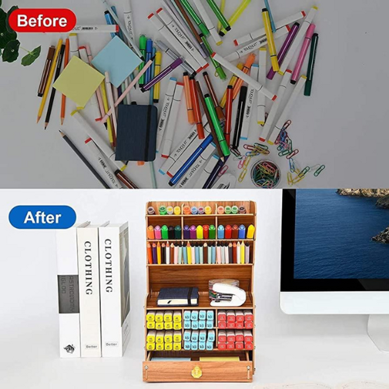 Wooden Desktop Stationery Organizer With 17 Compartments - Brown