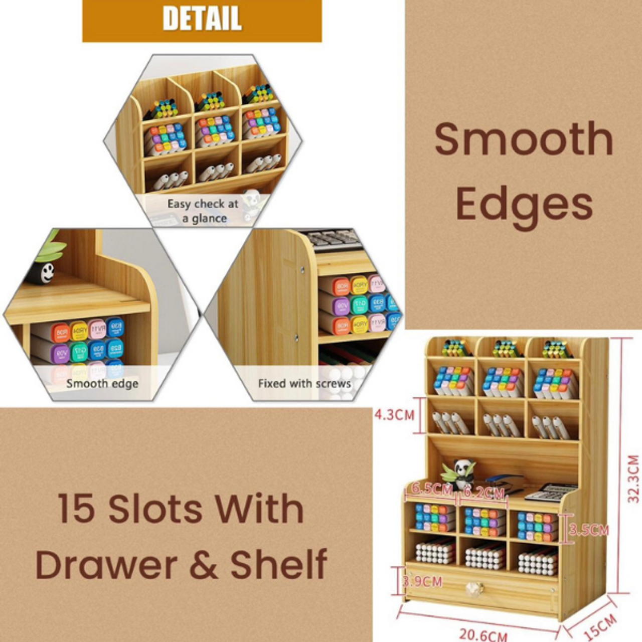 Wooden Desktop Stationery Organizer With 17 Compartments - Brown