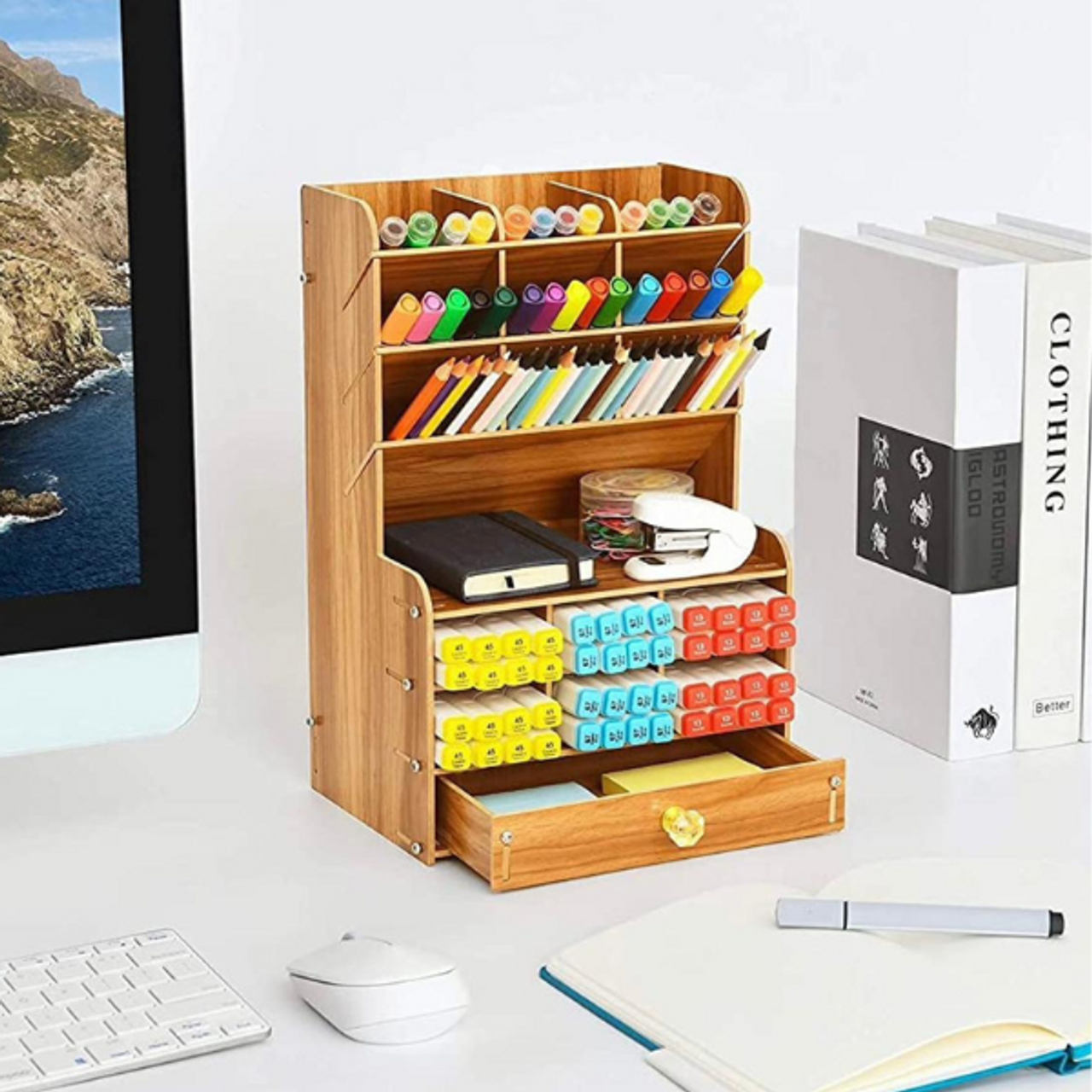 Wooden Desktop Stationery Organizer With 17 Compartments - Brown