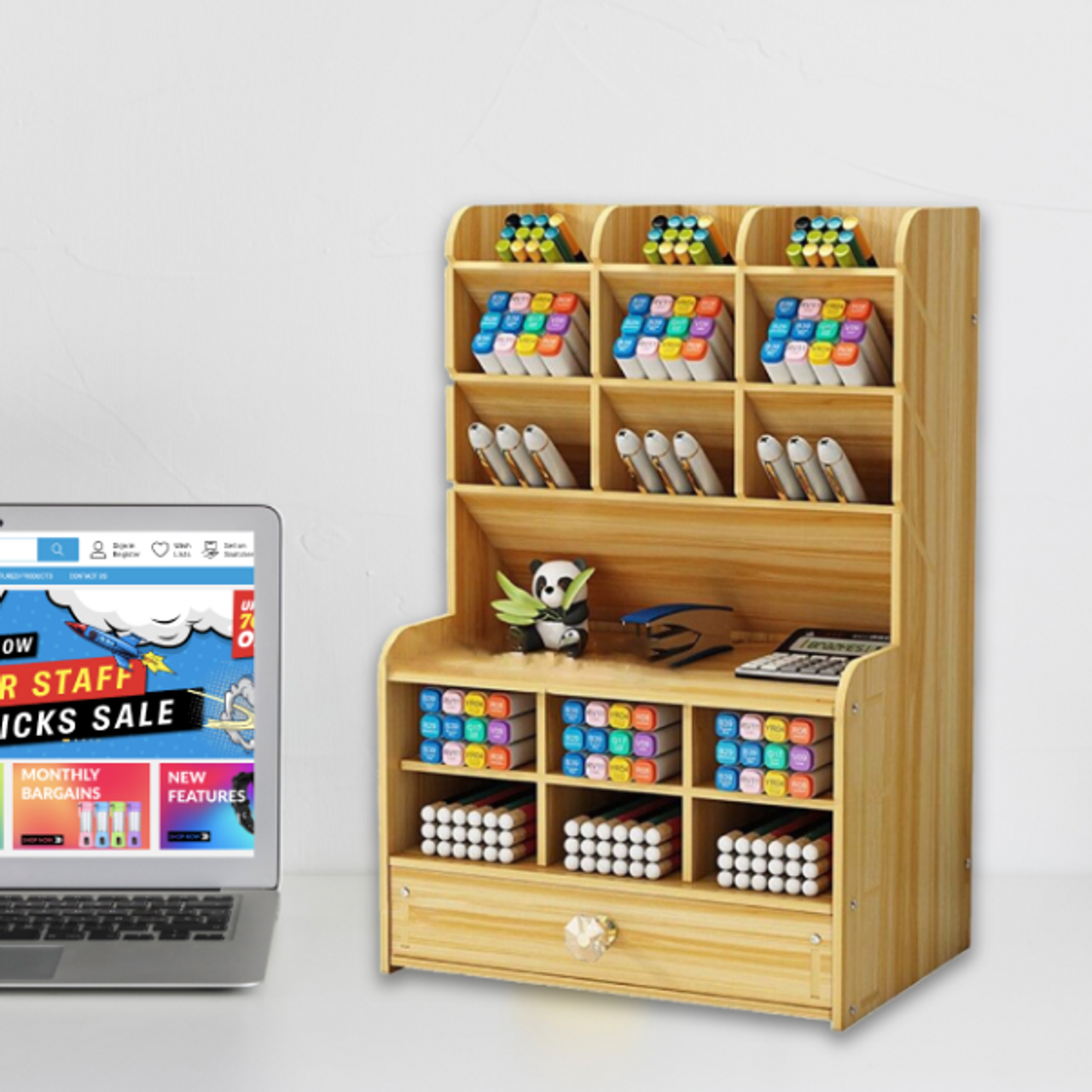 Wooden Desktop Stationery Organizer With 17 Compartments - Brown