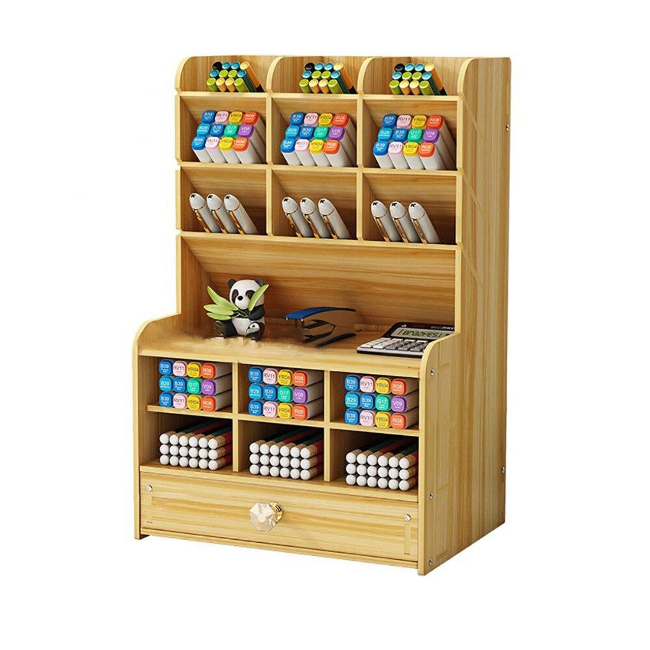 Wooden Desktop Stationery Organizer With 17 Compartments - Brown